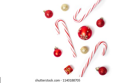 A lot of christmas candies and balls isolated on white background
