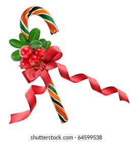 Christmas Candy Cane With Red Ribbon And Berries On White