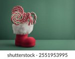 Christmas candy canes and  lollipops in Santa Claus boot on green background