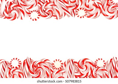 Christmas Candy Double Border With Peppermints And Candy Canes Over A White Background