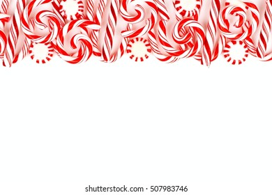 Christmas Candy Top Border With Peppermints And Candy Canes Over A White Background