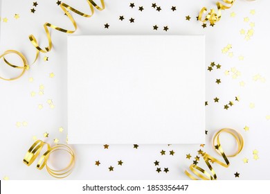 Christmas canvas mockup with golden festive decoration ribbon, stars on a white background. Design element for Christmas and New Year congratulation, thank you, greeting or invitation card, art work - Shutterstock ID 1853356447