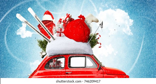 Christmas car Santa Claus with gift bag