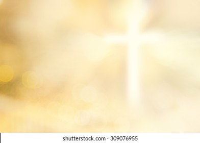 Christmas Card Background: Blur Gold Cross Symbol For Christian And Catholic