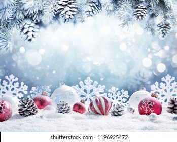 Christmas Card - Baubles On- Snow With Snowy Fir Branches
