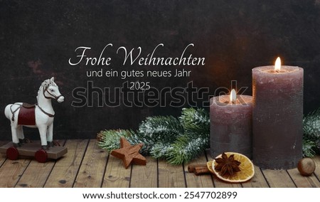 Christmas card: Burning candles with wooden horse, fir branches and Christmas greetings. German inscription says Merry Christmas and a Happy New Year.