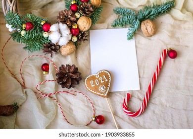 Christmas Card With Cookies Mockup Card, Free Place For Text. Christmas Flatlay