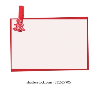 Christmas Card Decorated With Red Spruce Clothespegs (clothespin), Isolated On The White