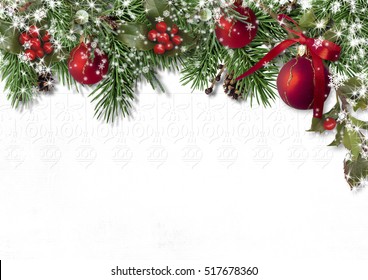 Christmas Card With Fir Branches, Balls And Holly On A White Bac