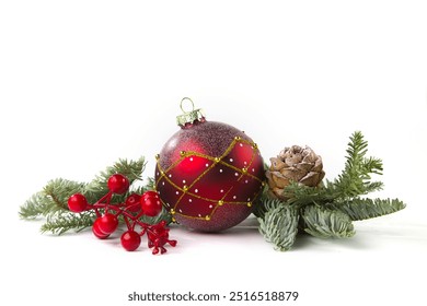 Christmas card with fir branches and Christmas decorations. Copy space.  - Powered by Shutterstock