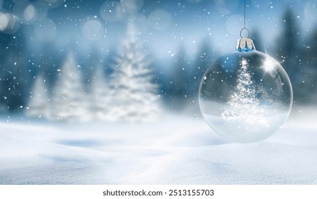 Christmas card with glass Christmas bauble and snowflakes against a blurred background - Powered by Shutterstock