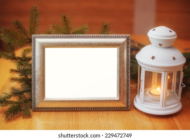 Christmas Card Invitation With A Frame And Candle Holder, Place For Your Text.