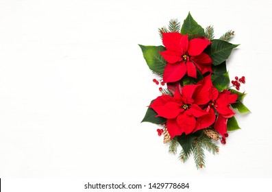 Christmas Card Or Leaflet Template With Natural Botany Decoration, Flat Lay Composition Of Poinsettia Blooming Flowers And Fir Tree Branches, Copy Space For A Greeting Text, Top Down View