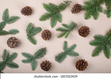 Christmas Card Light Background With Noble Fir Tree Branches And Pine Cones