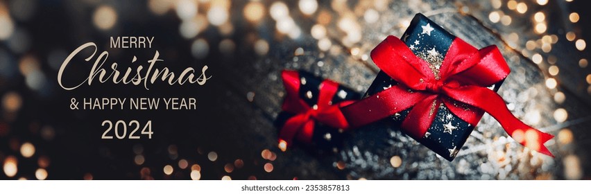 Christmas Card - Merry Christmas and Happy New Year 2024 - Beautiful gift box and golden bokeh lights