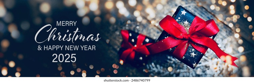 Christmas Card - Merry Christmas and Happy New Year 2025 - Beautiful gift box and golden bokeh lights - Powered by Shutterstock