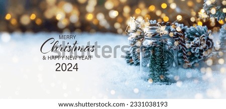 Christmas Card - Merry Christmas and Happy New Year 2024 - Christmas tree in snow and magic bokeh lights - winter background banner, header, xmas greetings	
