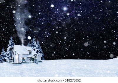 Christmas Card. Night, The House, The Starry Sky, Snow Background. Copy Space.