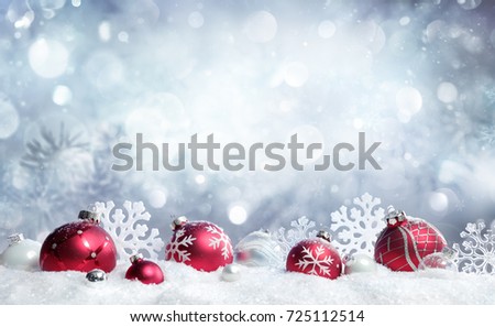 Christmas Card - Red Baubles And Snowflakes With Snowfall
