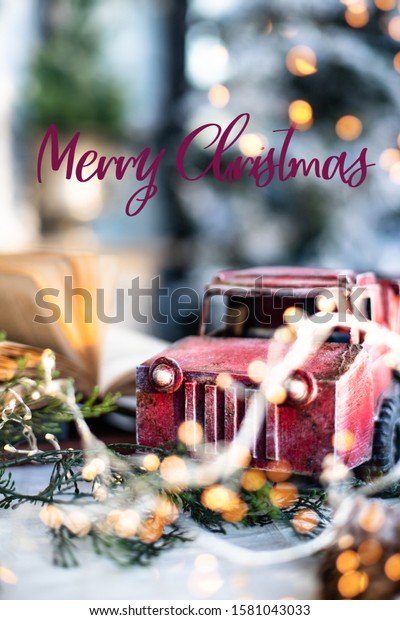 Christmas\
card, red trucks, Merry Christmas\
lettering