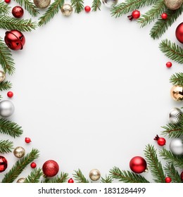 Christmas card with round frame on white background. Blank with copy space for advertising text. Top view, flat lay - Powered by Shutterstock