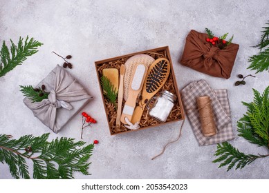 Christmas Care Package With Sustainable Gift. Zero Waste Eco Friendly Present Box Without Plastic