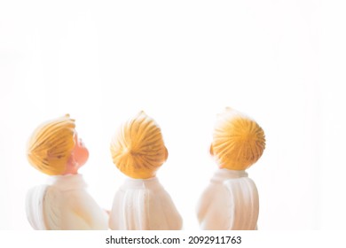 Christmas Caroling Or Carolers Singing.Worship Angel Group Singing Carol Song On Celebration Of Christmas Day In Winter At Church.Pray Faith And Kid Prayer Angel Children.Isolated On White Background.