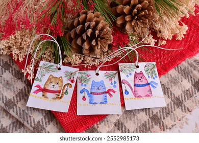 Christmas cats gift tags mockup copy space pine tree red berries baubles watercolor painting jute plaid background hand painted illustration new year presents making, diy holidays crafting activity - Powered by Shutterstock