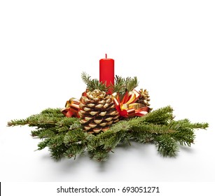 Christmas Centerpiece Decoration With A Red Color Candle And Fir Tree Leaves.