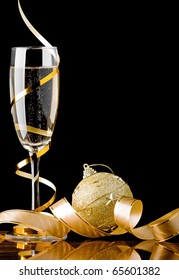 Christmas Champagne With Ribbon And Toy Ball