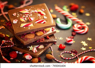 Christmas Chocolate Bark With Peppermint,dried Berries And Nuts.