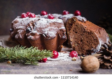 Christmas Chocolate Cake With Cherry On Old Wooden Background. Winter Holiday Food Dessert Concept. Close-up