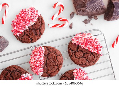 Christmas Chocolate Candy Cane Cookies. Top View Baking Scene On A White Marble Background.