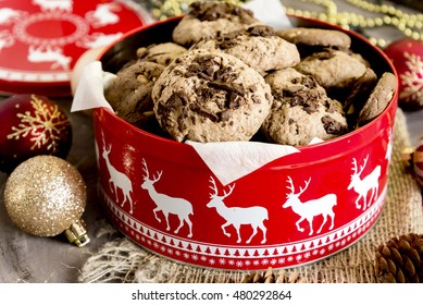 Christmas Chocolate Cookies And Mug Of Cappuccino