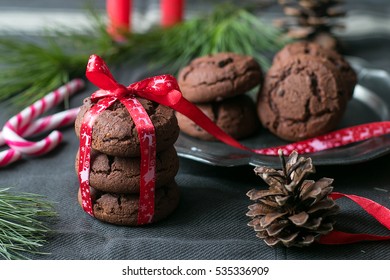 Christmas Chocolate Cookies Tied With A Red Ribbon