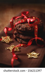 Christmas Chocolate Cookies Tied With The Ribbon