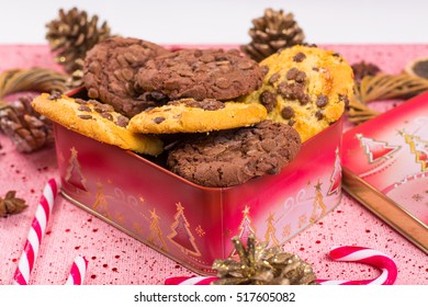 Christmas Chocolate Cookies In Tin Box, Holiday Concept