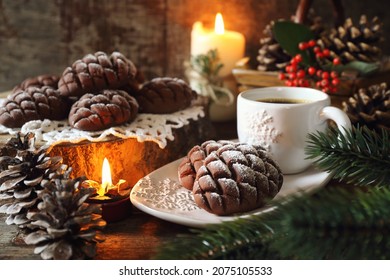 Christmas chocolate pine cone shortbread cookie and cup of coffee, powdered sugar dressing, New Year's decoration. Rustic style - Powered by Shutterstock