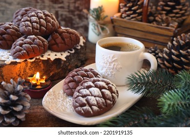 Christmas chocolate pine cone shortbread cookie and cup of coffee, powdered sugar dressing, New Year's decoration. Rustic style - Powered by Shutterstock