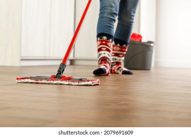 Christmas Cleaning In Socks, The Floor With A Free Space 