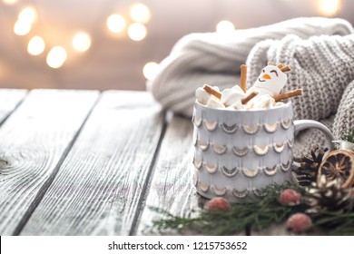 Christmas Cocoa Concept With Marshmallows On A Wooden Background In A Cozy Festive Atmosphere