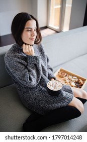 Christmas, Cold Autumn Or Winter Day. Warming Mood. Woman Drinking Warm Cocoa With Marshmallows. Lazy Weekend In Knitted Sweater On The Couch. Cozy Scene, Hygge Concept