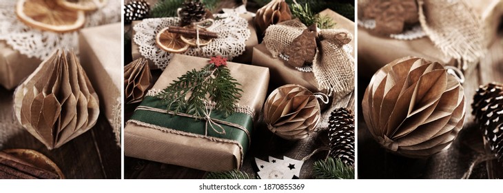 Christmas collage with creative diy paper ornaments and presents packed in vintage style - Powered by Shutterstock