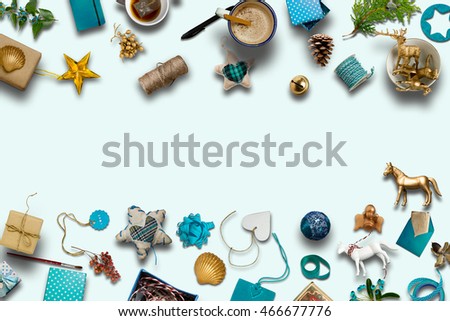 Christmas collection, gifts and blue decorative ornaments,. photographic montage