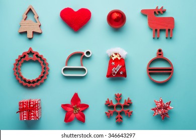 Christmas Collection, Gifts And Decorative Ornaments, On Blue Background. Photographic Montage. View From Above