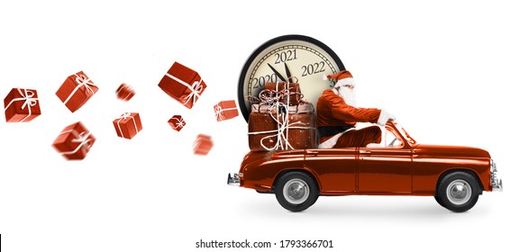 Christmas is coming. Santa Claus on toy car delivering New Year 2021 gifts and countdown clock isolated on white background