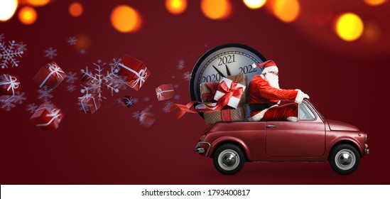 Christmas is coming. Santa Claus on toy car delivering New Year 2021 gifts and countdown clock at red background