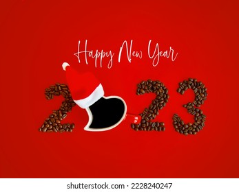 Christmas composition. 2023 made of coffee beans and red heart shaped cup with Santa hat on red table background. Flat lay, top view, copy space. Happy New Year card. Coffee lovers. - Powered by Shutterstock