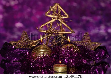 christmas composition with candles and decorations in purple and gold colors on bright background - Purple And Gold Christmas Decorations christmas composition with candles and decorations in purple and gold colors on bright background - Purple And Gold Christmas Decorations