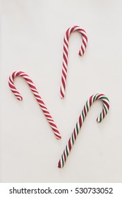 Christmas Composition Candy Canes Top View White Background Flat Lay